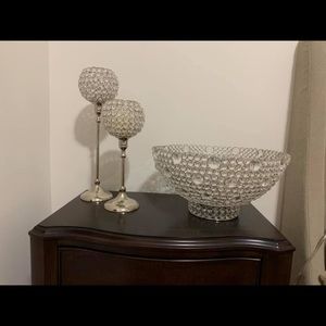 Pier one crystal candle holders and matching bowl